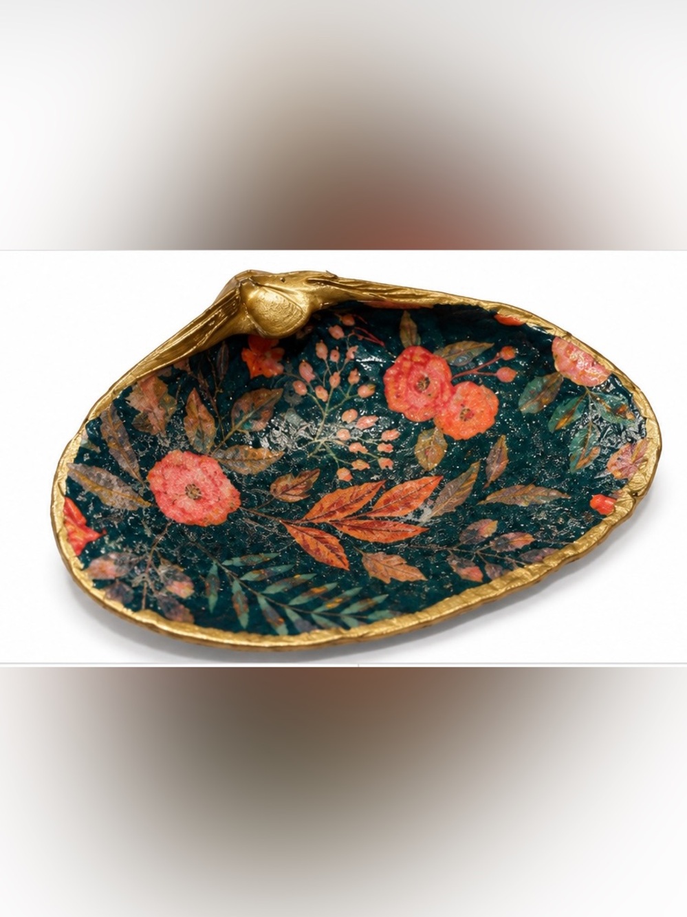 Floral Shell Trinket Dish with Gold Accents